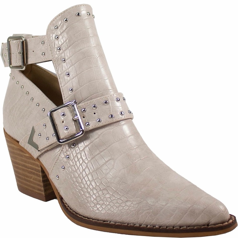 Studded Croc-Texture Cutout Bootie in Light Beige